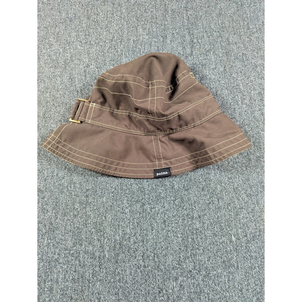 prAna Reversible Bucket Hat Brown Yellow Geometric Print Adjustable Buckle Strap